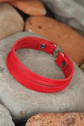 Kırmızı Renk Deri Erkek Bileklik - 1