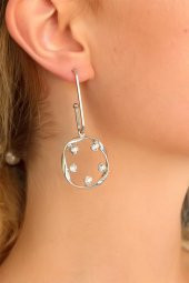 Silver Renk Yuvarlaklı Beyaz Taşlı Bayan Küpe - 2