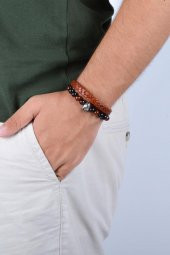 JTKB19016 JANTİ 2 Lİ KOMBİN DOĞAL TAŞ ve DERİ BİLEKLİK MİĞFER FİGÜRLÜ - 1