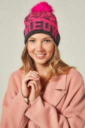 Felice Butik 9391 Meow Sloganlı Fuşya Leopar Bere - 1