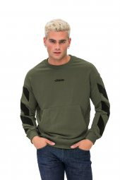Karinmoda Erkek Baskılı Sweatshirt, Kanguru Cepli Haki - 1