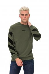 Karinmoda Erkek Baskılı Sweatshirt, Kanguru Cepli Haki - 4