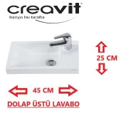 Creavit TP025 Elmas Dolap Üstü Lavabo 25*45 cm Beyaz thumbnail 5