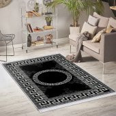 Ahsen Halı PVC Deri Taban Kaydırmaz Versace Desen Siyah Halı - 1