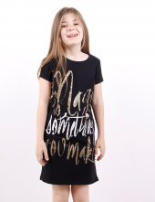 Toontoy Kız Çocuk Yazı inci Taşlı Elbise - 1