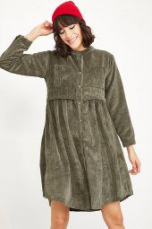 Kadın Haki Fitilli Kadife Kısa Elbise - 1