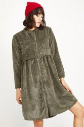 Kadın Haki Fitilli Kadife Kısa Elbise - 3