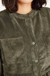 Kadın Haki Fitilli Kadife Kısa Elbise - 6