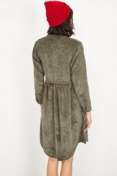 Kadın Haki Fitilli Kadife Kısa Elbise - 7