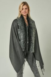 Felice Butik 11293 Antrasit Kürklü Püsküllü Panço YL - 3