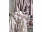 Almira Güpürlü Kapşonlu Bambu Bornoz Takımı Krem Kiremit thumbnail 2