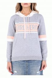 Beyaz Kapüşonlu Baskılı Kollu Gri Kadın Sweatshirt - 3