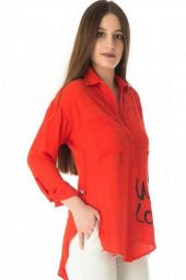 Baskı ve Yırtmaç Detaylı Fuşya Kadın Gömlek - 1