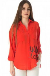 Baskı ve Yırtmaç Detaylı Fuşya Kadın Gömlek - 3