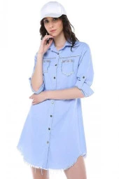 Püsküllü Cepleri Sütun Taşlı Mavi Kadın Keten Tunik - 1