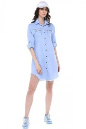 Püsküllü Cepleri Sütun Taşlı Mavi Kadın Keten Tunik - 2