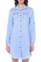 Püsküllü Cepleri Sütun Taşlı Mavi Kadın Keten Tunik - 3