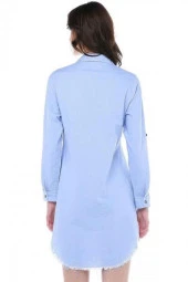 Püsküllü Cepleri Sütun Taşlı Mavi Kadın Keten Tunik - 4