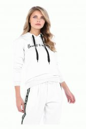 Kapüşonlu Baskılı Beyaz Kadın Sweatshirt - 1