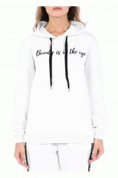 Kapüşonlu Baskılı Beyaz Kadın Sweatshirt - 3