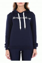 Kapüşonlu Baskılı Lacivert Kadın Sweatshirt - 3