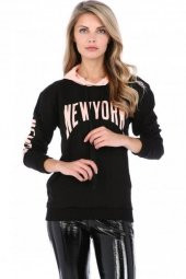 Kapüşonlu Kol ve Göğüs Baskılı Siyah Kadın Sweatshirt - 1