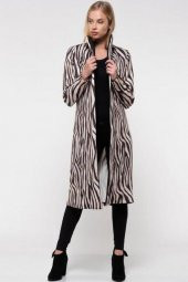 Kemerli Zebra Desenli Uzun Kadın Ceket - 4
