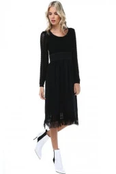 Kuş Gözlü Saçaklı Siyah Triko Kadın Elbise - 1
