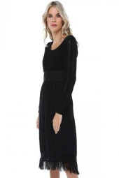 Kuş Gözlü Saçaklı Siyah Triko Kadın Elbise - 2