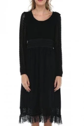 Kuş Gözlü Saçaklı Siyah Triko Kadın Elbise - 3