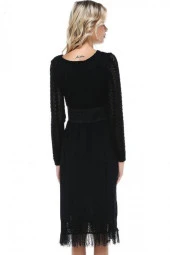 Kuş Gözlü Saçaklı Siyah Triko Kadın Elbise - 4