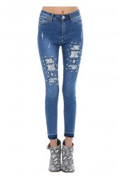 Mavi Denim İncili Yırtık Dantel Paçalı Kadın Pantolon - 2