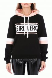 Pudra Kapüşonlu Baskılı Kollu Siyah Kadın Sweatshirt - 3