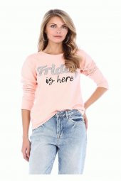 Bisiklet Yaka Uzun Kollu Friday Baskılı Pudra Kadın Tişört - 1