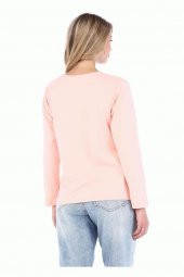 Bisiklet Yaka Uzun Kollu Friday Baskılı Pudra Kadın Tişört - 4