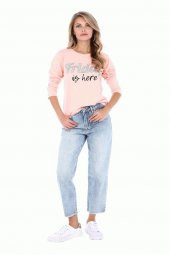 Bisiklet Yaka Uzun Kollu Friday Baskılı Pudra Kadın Tişört - 2
