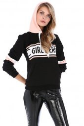 Pudra Kapüşonlu Baskılı Kollu Siyah Kadın Sweatshirt - 1