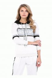 Siyah Kapüşonlu Baskılı Kollu Beyaz Kadın Sweatshirt - 1