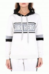 Siyah Kapüşonlu Baskılı Kollu Beyaz Kadın Sweatshirt - 3