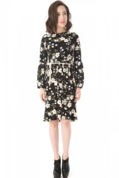 Uzun Büzgü Kol Viskon Siyah Kadın Elbise - 1