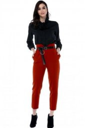 Yüksek Bel Deri Kemerli Kiremit Bilek Kadın Pantolon - 1