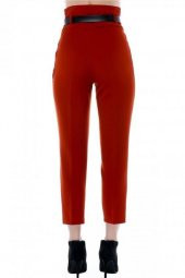 Yüksek Bel Deri Kemerli Kiremit Bilek Kadın Pantolon - 3