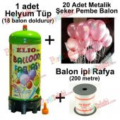 Helyum Gazı Tüp+20 Adet Metalik Pembe Uçan Balon+İpi - 2