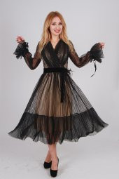 İÇİ KREM ASTARLI KEMER DETAYLI TÜL ABİYE ELBİSE SİYAH - 1