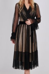 İÇİ KREM ASTARLI KEMER DETAYLI TÜL ABİYE ELBİSE SİYAH - 6