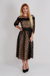 KADİFE NOKTA DESENLİ KÜPÜR DETAYLI TÜL ABİYE ELBİSE SİYAH - 1