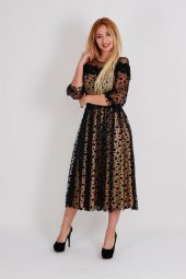 KADİFE NOKTA DESENLİ KÜPÜR DETAYLI TÜL ABİYE ELBİSE SİYAH - 2