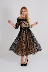 KADİFE NOKTA DESENLİ KÜPÜR DETAYLI TÜL ABİYE ELBİSE SİYAH - 3