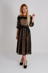 KADİFE NOKTA DESENLİ KÜPÜR DETAYLI TÜL ABİYE ELBİSE SİYAH - 4