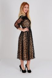 KADİFE NOKTA DESENLİ KÜPÜR DETAYLI TÜL ABİYE ELBİSE SİYAH - 5